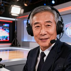 资深体育评论员陈先生头像照片，佩戴耳机正在直播解说比赛，背景为演播室