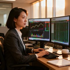 体彩数据女分析师周女士在办公桌前面对双显示器分析赛事数据的职业照片